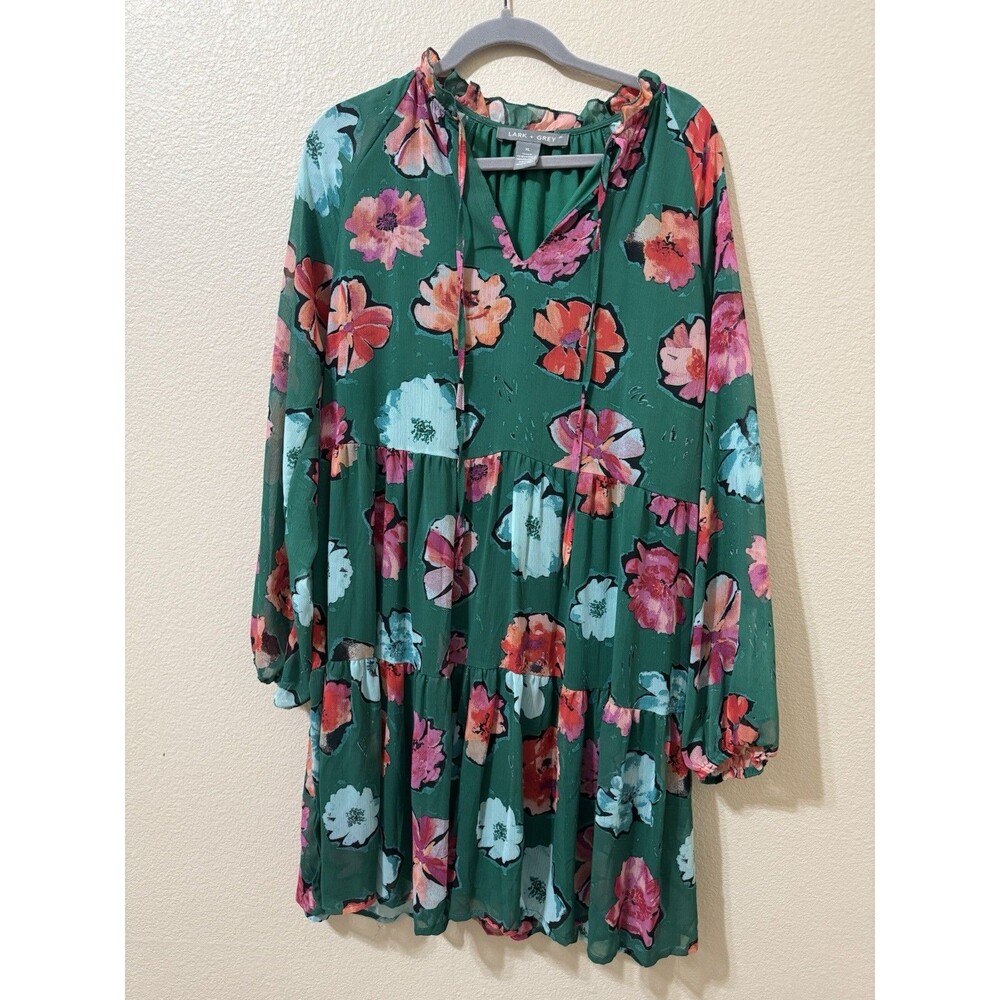 Lark & Grey Women’s XL Green Floral Tiered Mini Dress Boho Long Sleeve